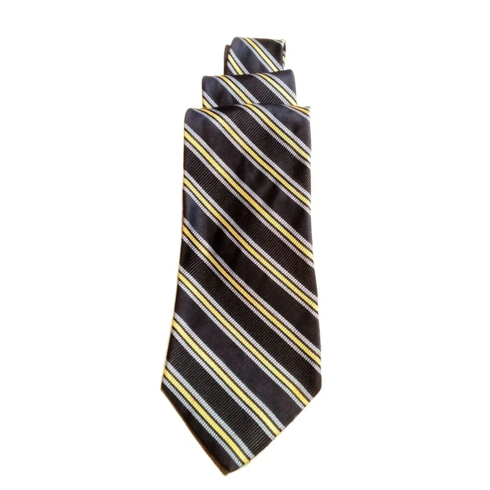 Tommy Hilfiger 100% Silk 56 Inch Long Tie Navy Blue Striped /Yellow/2 Tone
